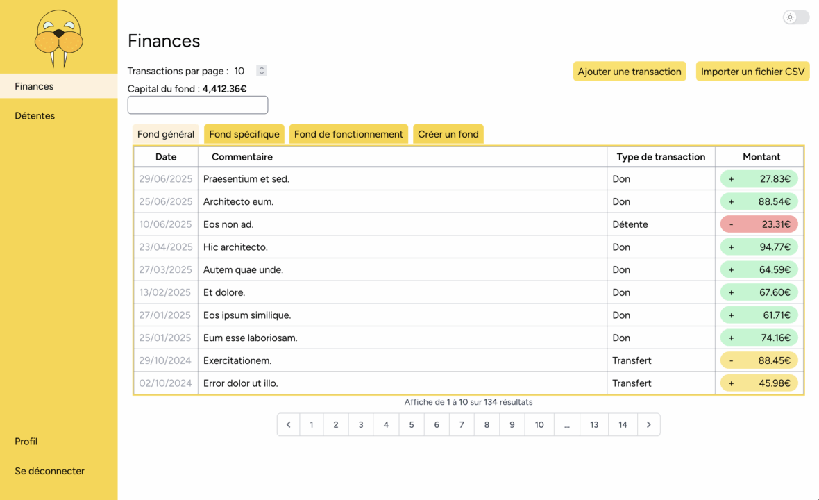 A page from the app "L'Amorce" that shows lorem-generated transactions, with a date and amount of money, filtered by fund, and with color indications. There are buttons for CSV files uploads and to add transactions, plus the total balance of the current fund. The logo of the app is a yellow Walrus.