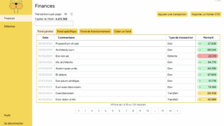 A page from the app "L'Amorce" that shows lorem-generated transactions, with a date and amount of money, filtered by fund, and with color indications. There are buttons for CSV files uploads and to add transactions, plus the total balance of the current fund. The logo of the app is a yellow Walrus.