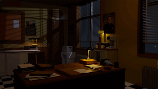 3D modelling of a set. The room is very dark. In the centre, a desk is lit by a desk lamp. Papers and files are strewn about, scattered in all directions. Next to the desk is a shelf with a coffee machine, coffee pot and cups. The walls are partially covered with paintings of nature and portraits of police officers, and a window lets in the night light, streaked by half-closed blinds.